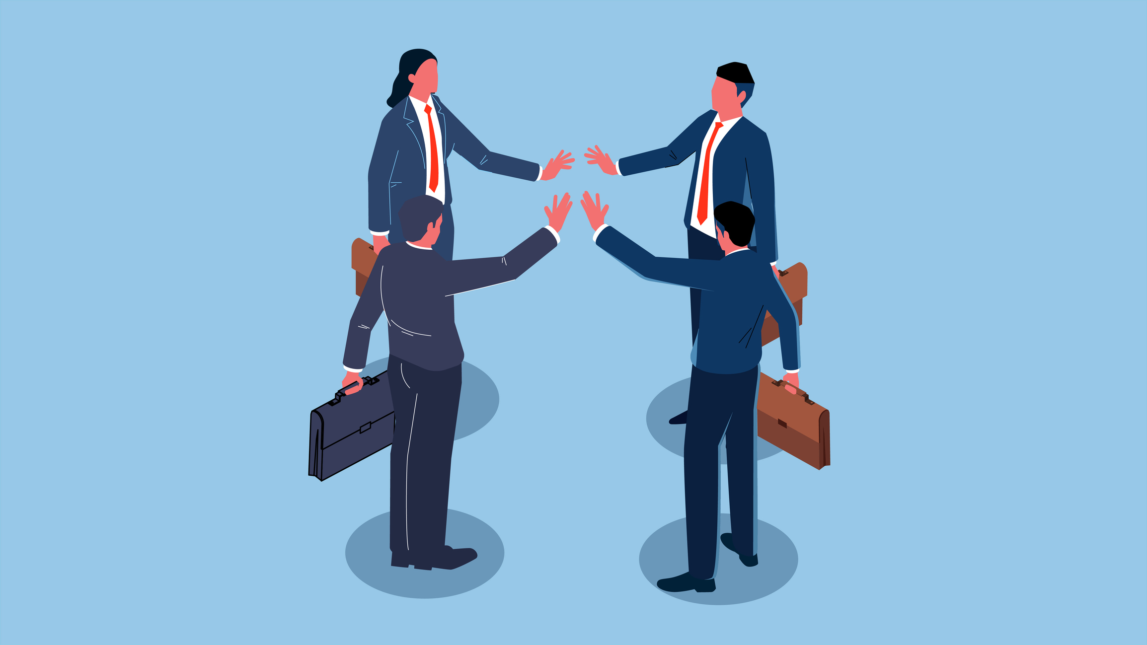 Isometric four businessmen high-fiving together, teamwork spirit, team members encouraging each other, team friendship and strength